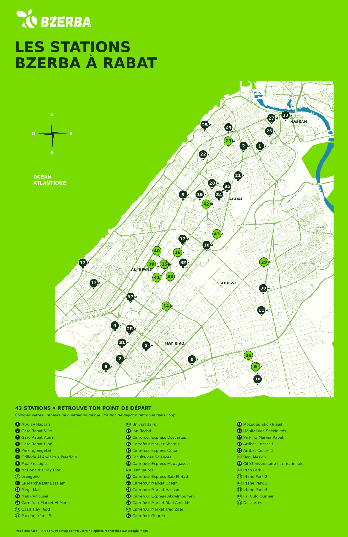 Carte des 43 stations Bzerba à Rabat : repères numérotés et liste des stations, de Moulay Hassan à Descartes.